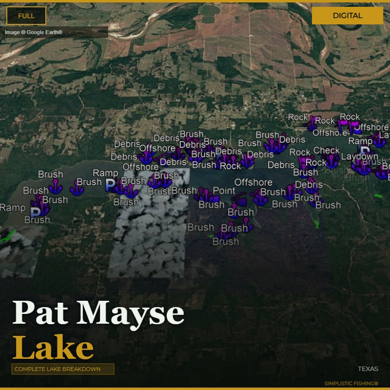 Map of Pat Mayse Lake with labeled features on a digital background