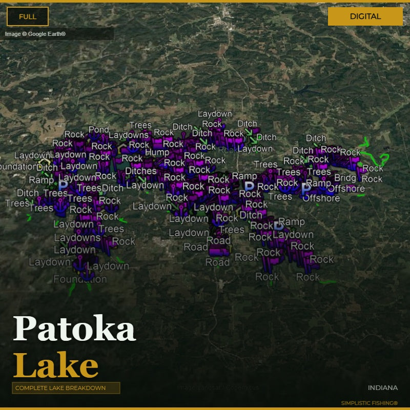 Map of Patoka Lake with labeled features on a digital interface