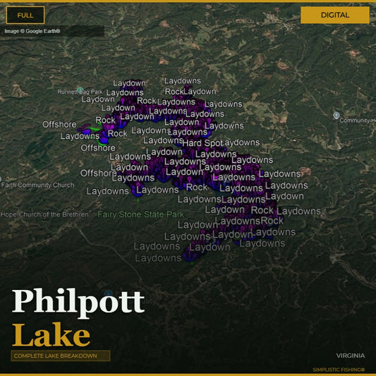 Map of Philpott Lake with fishing spots labeled on a digital interface.