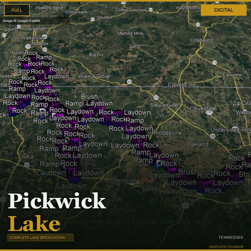 Map of Pickwick Lake with various fishing spots labeled