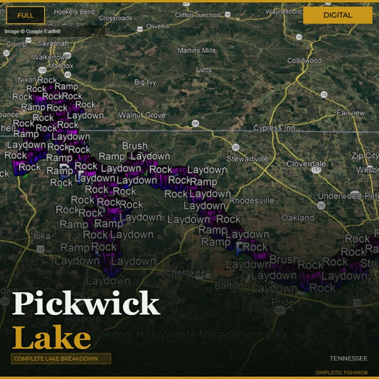Map of Pickwick Lake with various fishing spots labeled