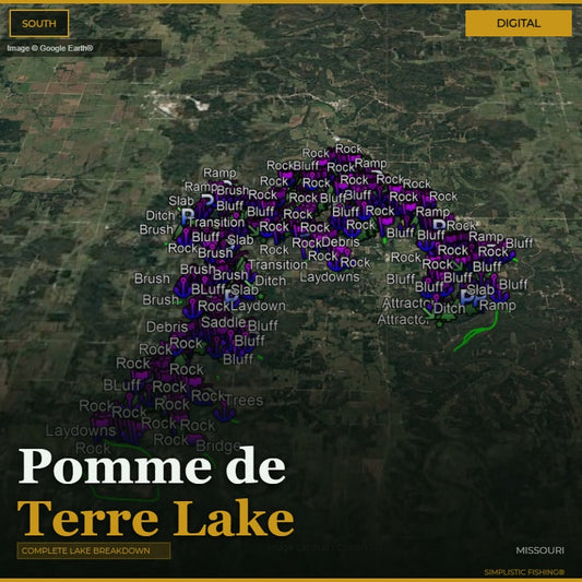 Map of Pomme de Terre Lake with various fishing spots labeled on a digital interface.