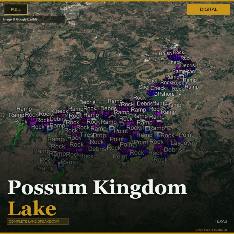Map of Possum Kingdom Lake with various markers and labels on a digital display.