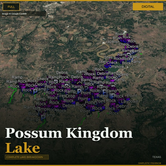 Map of Possum Kingdom Lake with various markers and labels on a digital display.