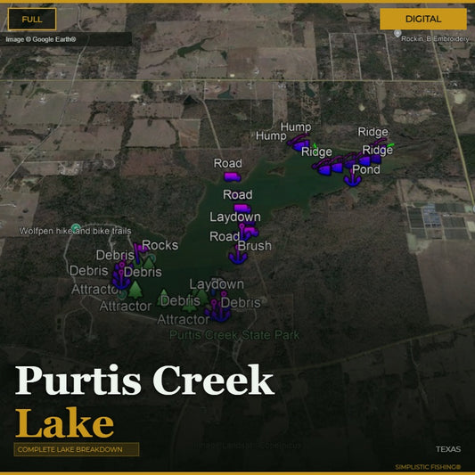 Map of Purtis Creek Lake with various features labeled on a digital display.