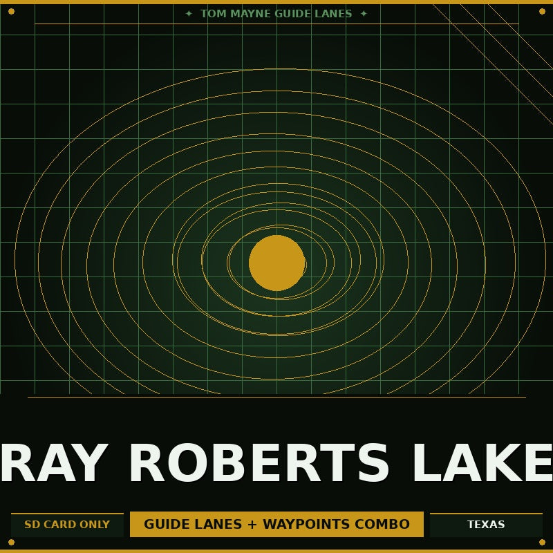 Map of Ray Roberts Lake with concentric circles and text on a dark background