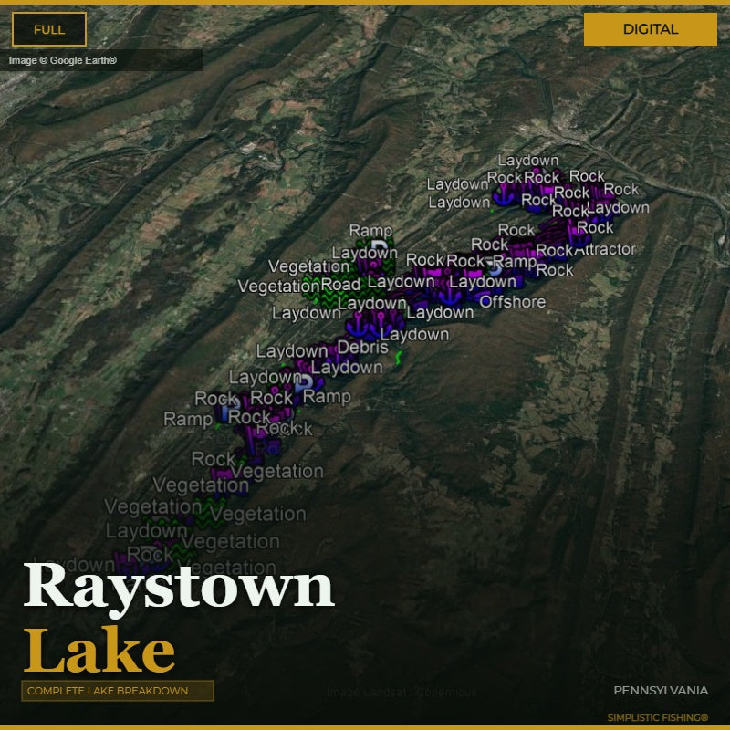 Map of Raystown Lake with various fishing spots labeled on a digital display.