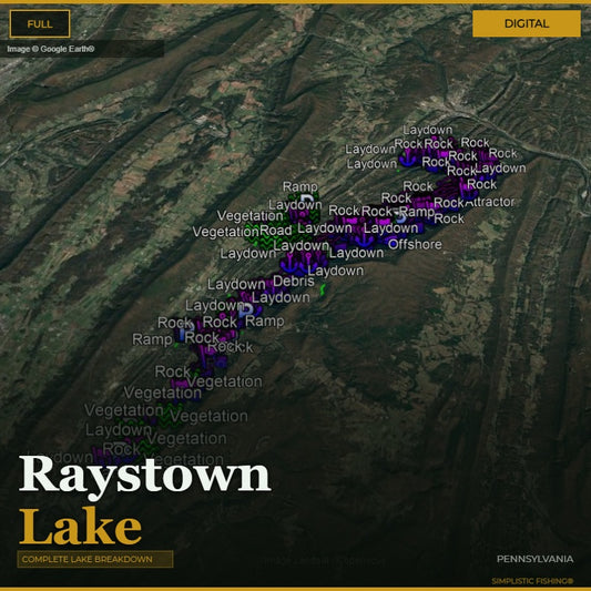 Map of Raystown Lake with various fishing spots labeled on a digital display.