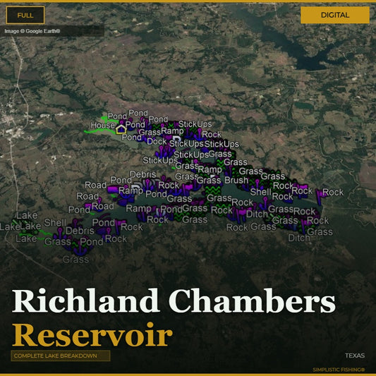 Map of Richland Chambers Reservoir with various features labeled on a digital background