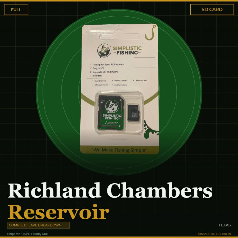 Product packaging for Simplistic Fishing on a green circle with text about Richland Chambers Reservoir.