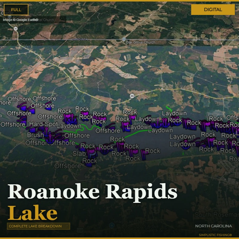 Map of Roanoke Rapids Lake with fishing spots marked on a digital display.