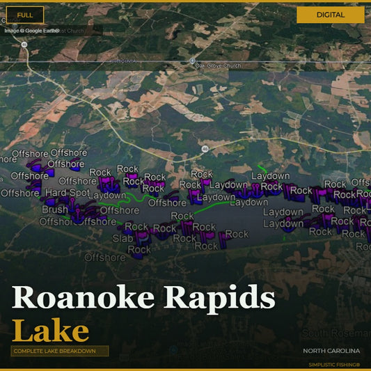 Map of Roanoke Rapids Lake with fishing spots marked on a digital display.