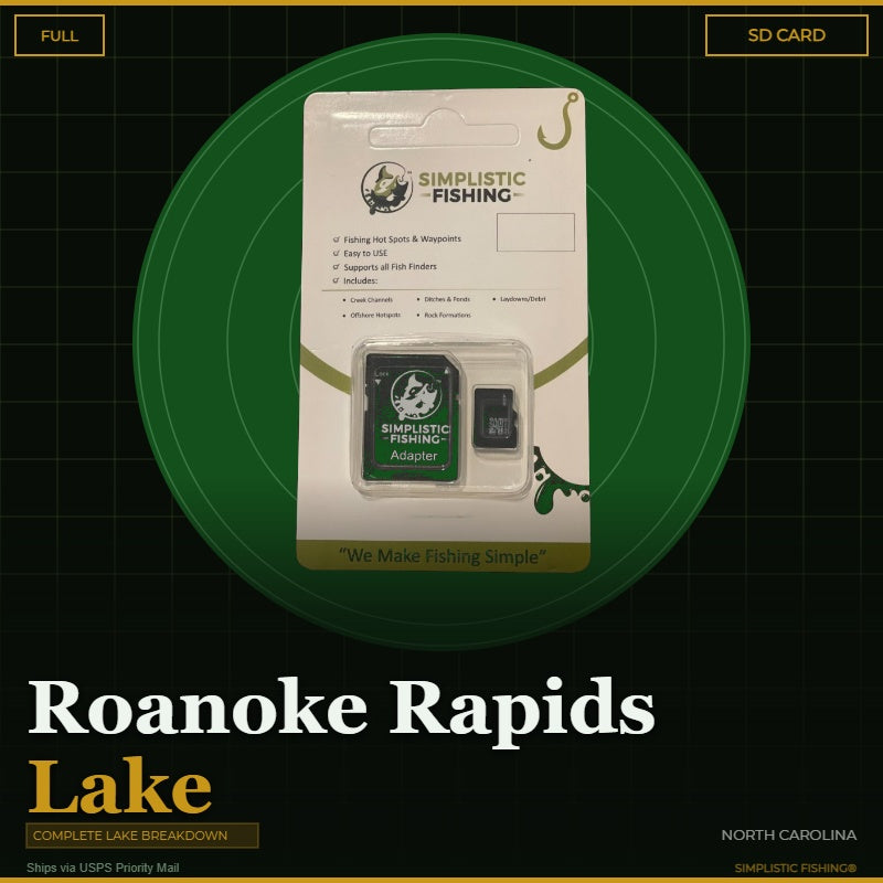 Product packaging for Simplistic Fishing on a green and black background with text about Roanoke Rapids Lake.