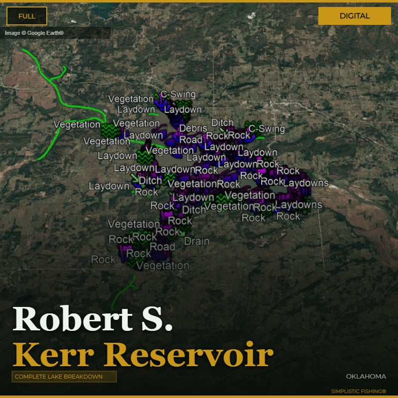 Map of Robert S. Kerr Reservoir with labels for terrain features on a digital display.