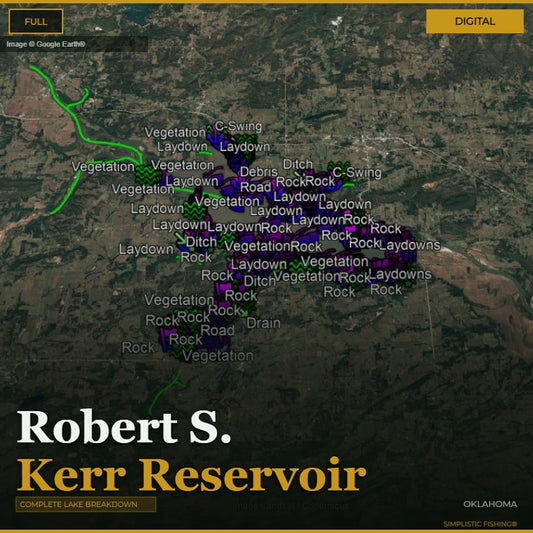 Map of Robert S. Kerr Reservoir with labels for terrain features on a digital display.