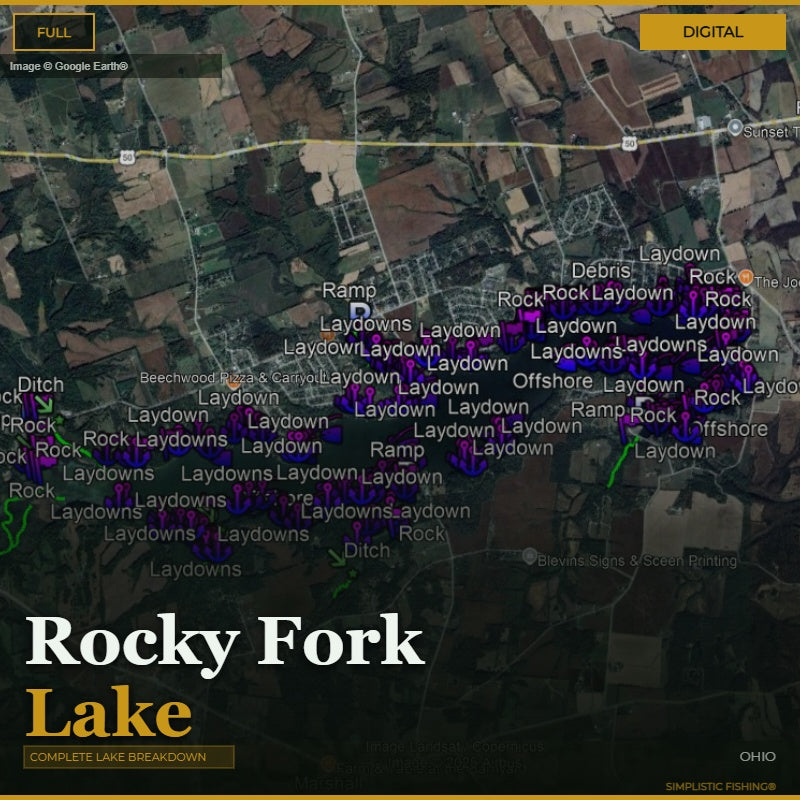 Map of Rocky Fork Lake with various annotations and labels.
