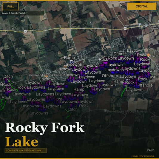 Map of Rocky Fork Lake with various annotations and labels.