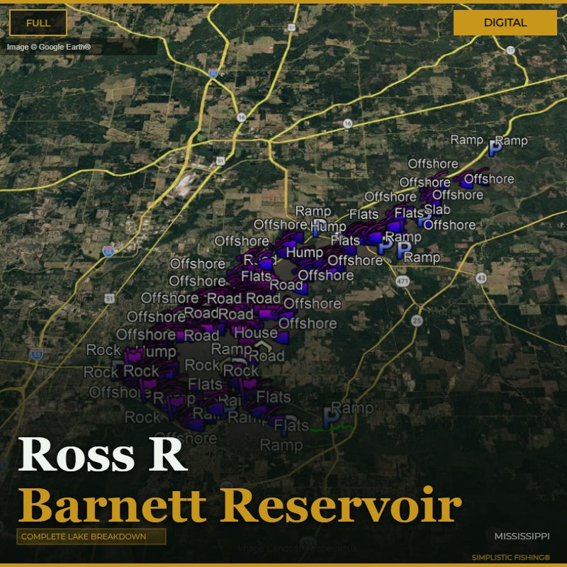 Map of the Ross R. Barnett Reservoir with various markers indicating different fishing spots.