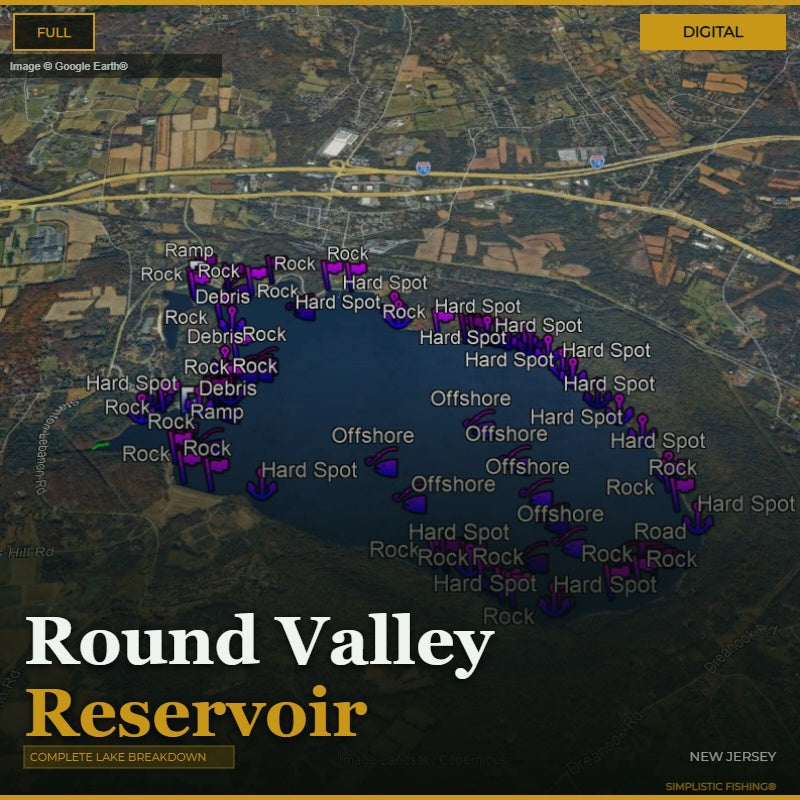 Map of Round Valley Reservoir with fishing spots marked on a digital display.