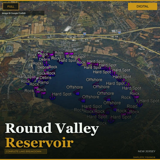 Map of Round Valley Reservoir with fishing spots marked on a digital display.