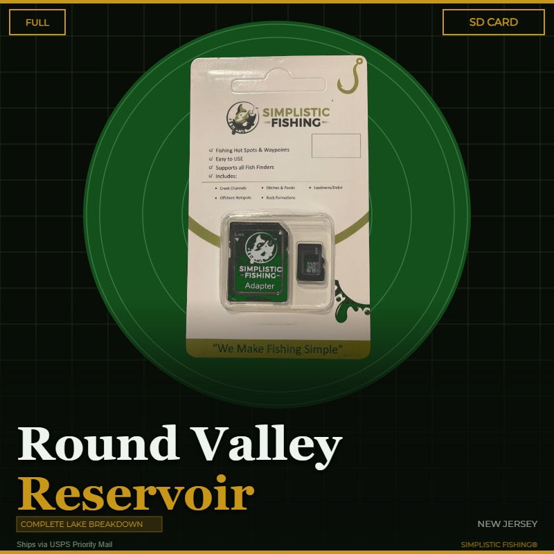 Packaged Simplistic Fishing product with SD card on a green circular background