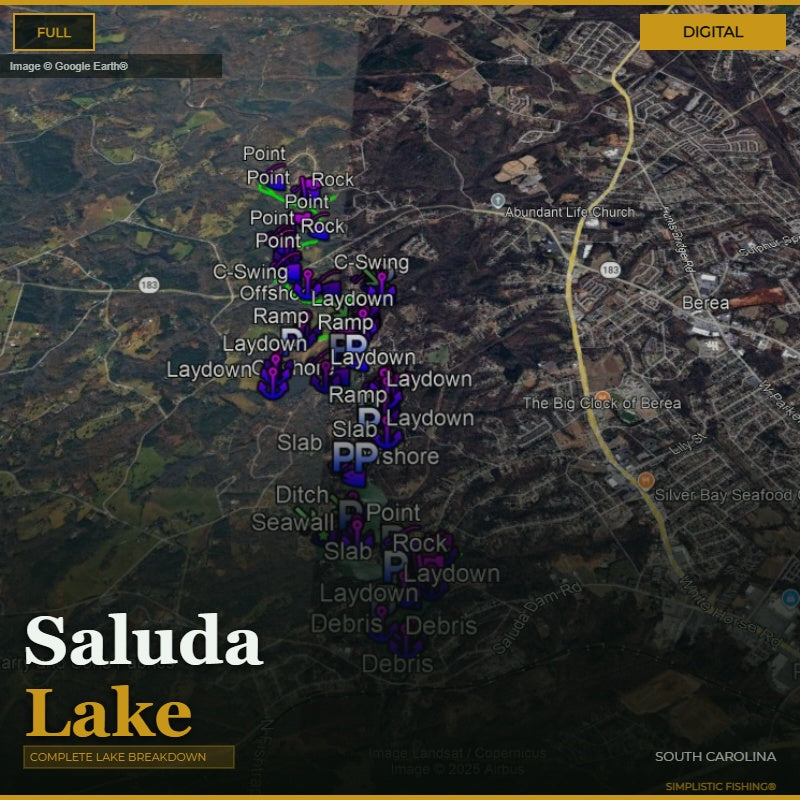 Map of Saluda Lake with fishing spots labeled on a digital display.