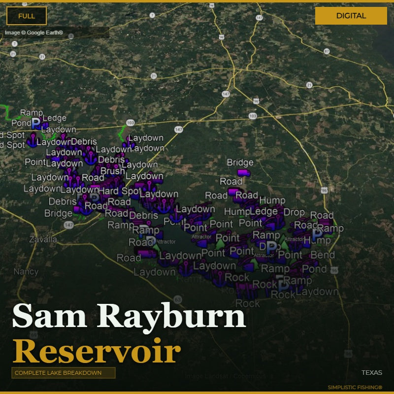 Map of Sam Rayburn Reservoir with various points labeled on a digital display.