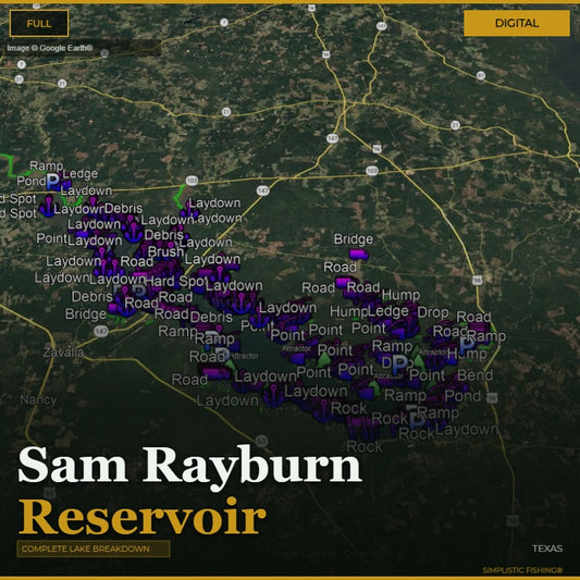 Map of Sam Rayburn Reservoir with various points labeled on a digital display.