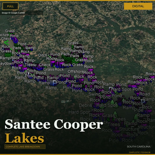 Map of Santee Cooper Lakes with various markers indicating features like grass, rock, pond, and ramp.