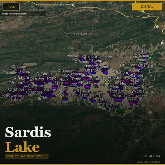 Map of Sardis Lake with various locations labeled on a digital interface.