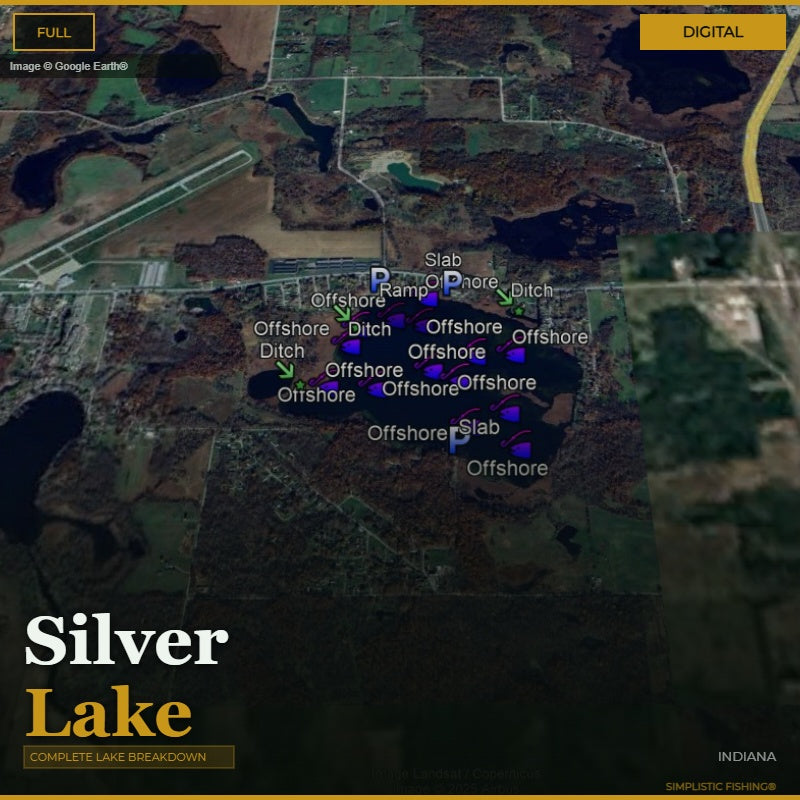 Map of Silver Lake with fishing spots labeled, featuring a digital overlay.