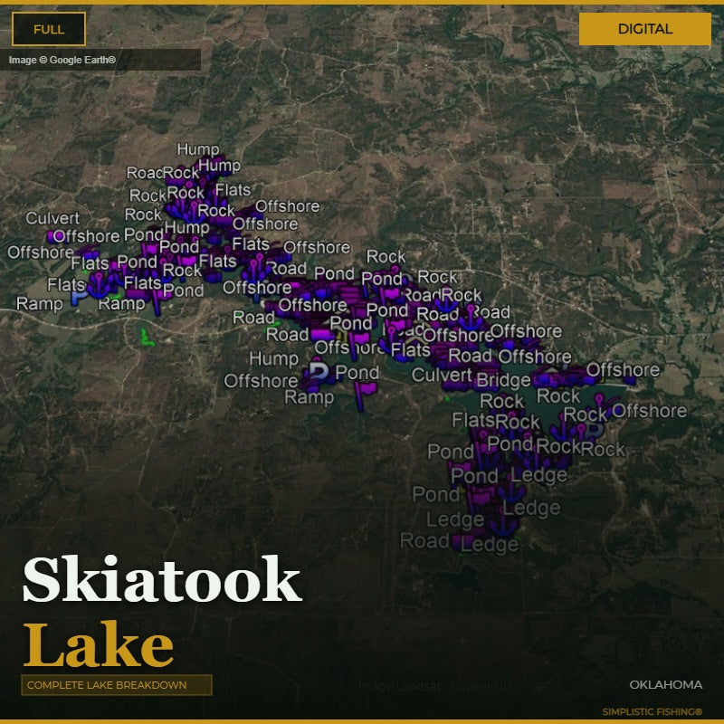 Map of Skiatook Lake with various fishing spots marked on a digital display.