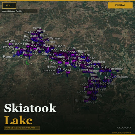 Map of Skiatook Lake with various fishing spots marked on a digital display.