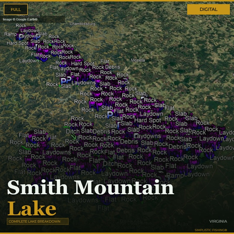 Map of Smith Mountain Lake with fishing spots labeled on a digital interface.
