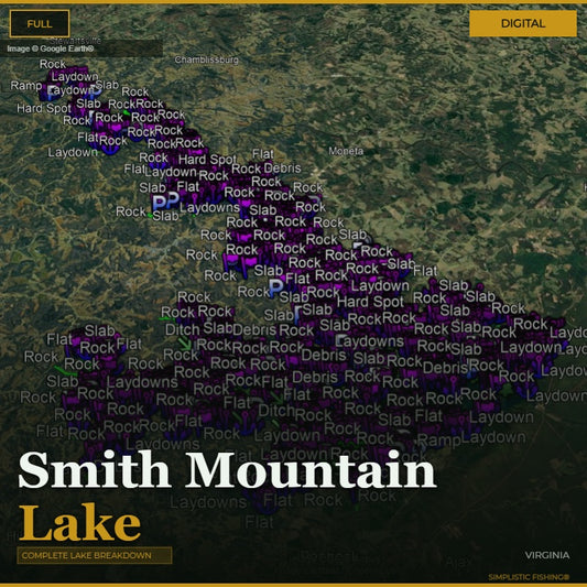 Map of Smith Mountain Lake with fishing spots labeled on a digital interface.