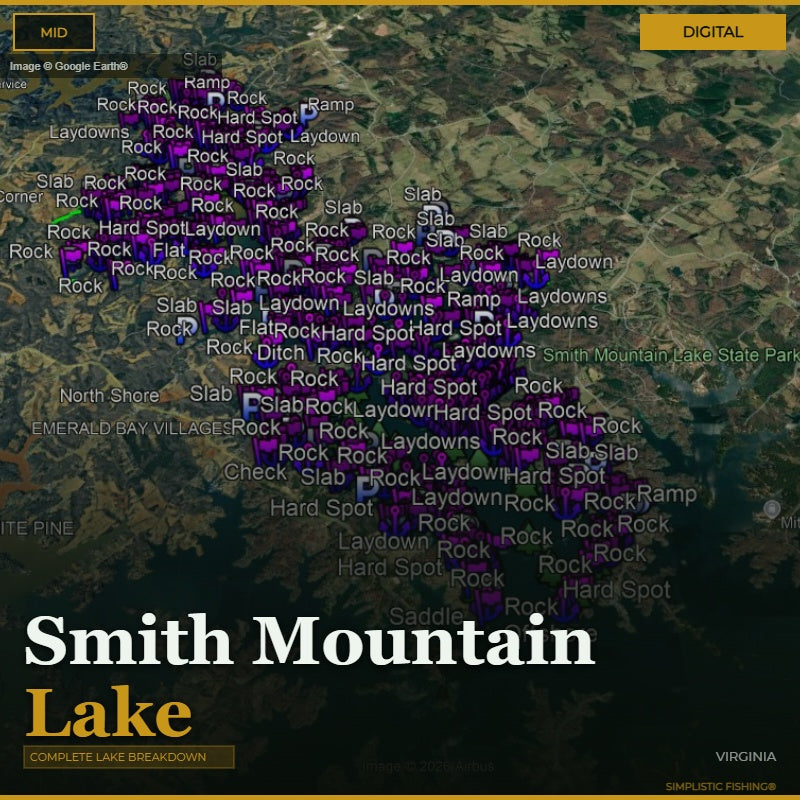 Map of Smith Mountain Lake with fishing spots labeled on a digital interface.
