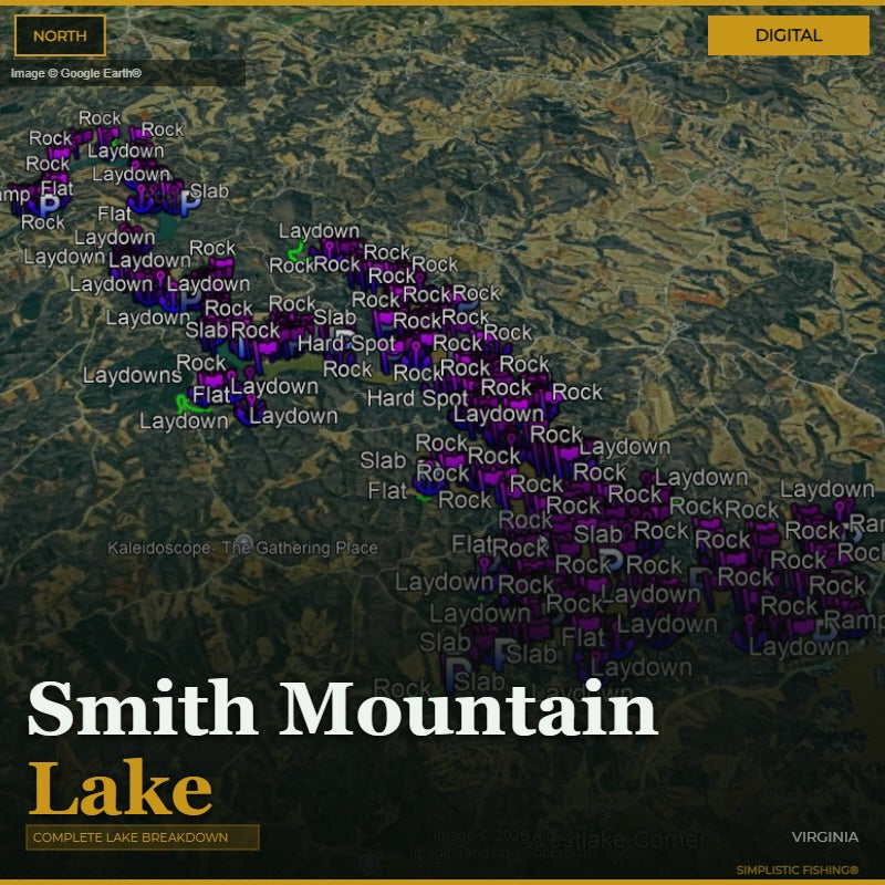 Map of Smith Mountain Lake with fishing spots labeled on a digital interface.