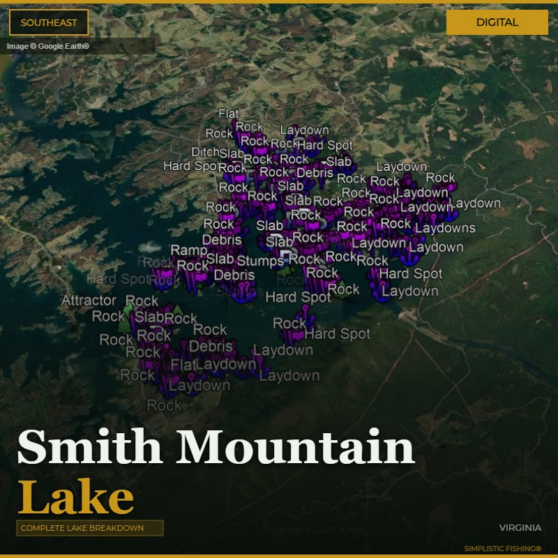 Map of Smith Mountain Lake with fishing spots marked on a digital display.