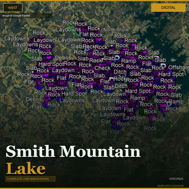 Map of Smith Mountain Lake with fishing spots labeled on a digital display.