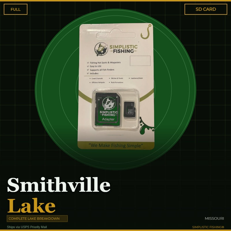 Simplistic Fishing SD card packaging on a green circle with 'Smithville Lake' text.