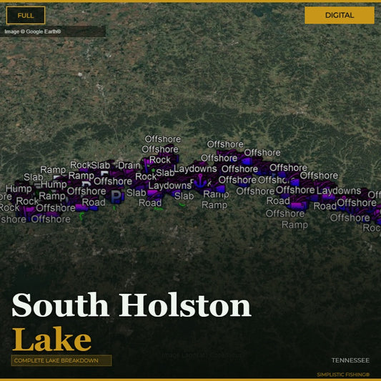 Map of South Holston Lake with various fishing spots labeled on a digital interface.