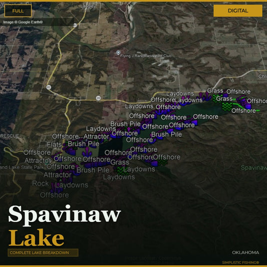 Map of Spavinaw Lake with various fishing spots labeled on a digital interface.