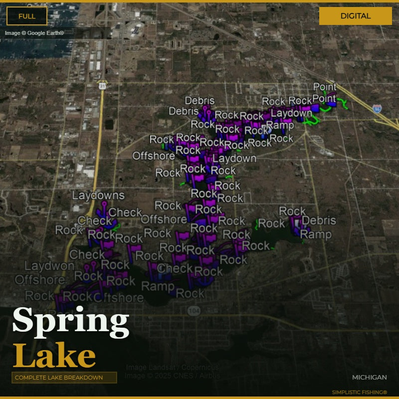 Map of Spring Lake with fishing spots marked on a digital display.