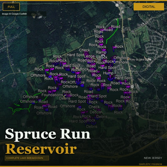 Map of Spruce Run Reservoir with various markers indicating hazards and features.