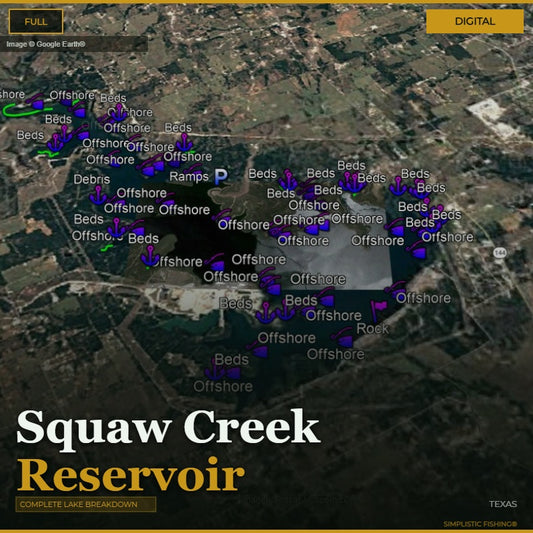 Map of Squaw Creek Reservoir with fishing spots marked on a digital display.