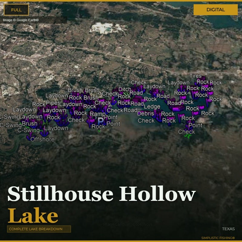 Map of Stillhouse Hollow Lake with various fishing spots marked on a digital display.