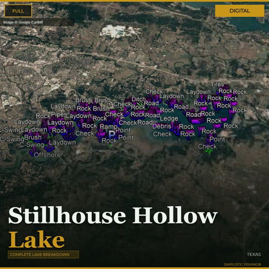 Map of Stillhouse Hollow Lake with various fishing spots marked on a digital display.