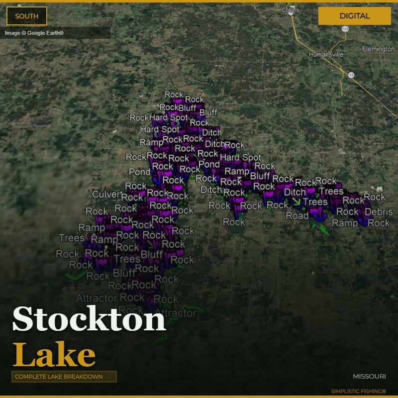 Map of Stockton Lake with various features labeled on a digital interface