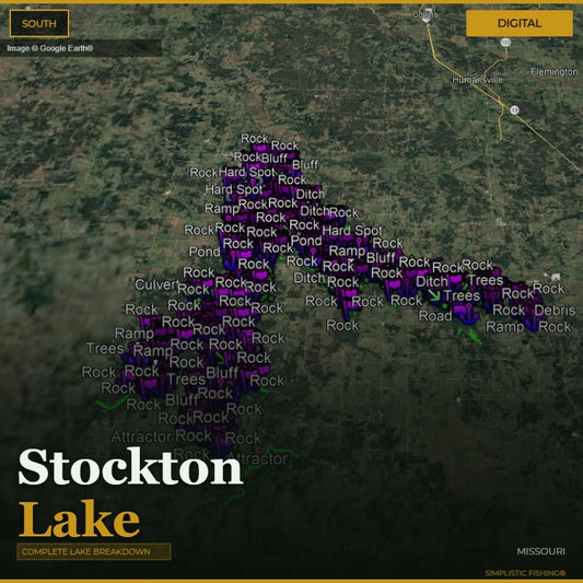 Map of Stockton Lake with various features labeled on a digital interface