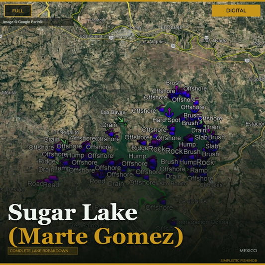 Map of Sugar Lake with various fishing spots labeled, featuring a digital overlay.